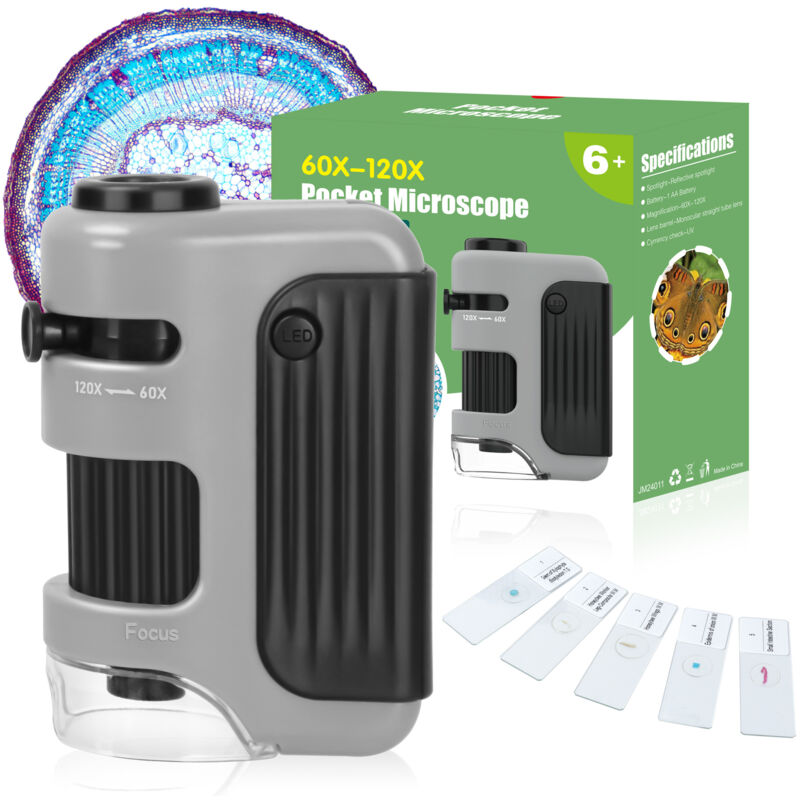 60-120x microscope de poche éclairé par LED pour enfants, microscope portable, mini microscope pour étudiants en laboratoire scientifique, microscope