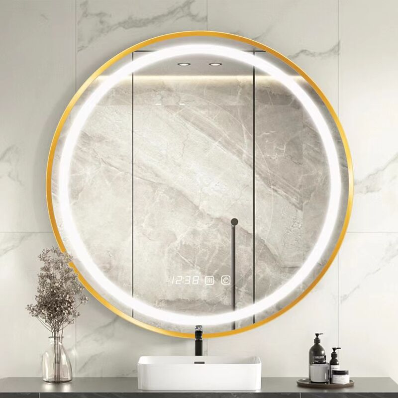 Serbia - 60 60 3 Miroir de salle de bain led rond Miroir de courtoisie à cadre doré avec capteur tactile, lumière blanche / blanche chaude
