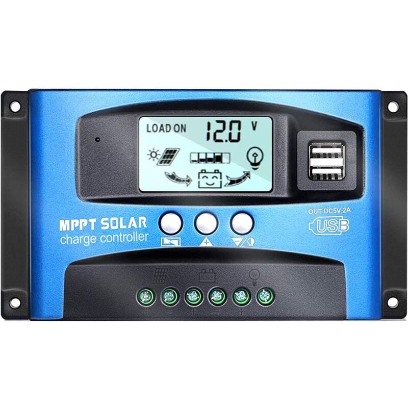 60 A MPPT Régulateur de charge solaire 12 V/24 V avec double port USB, écran LCD Régulateur de charge panneau solaire