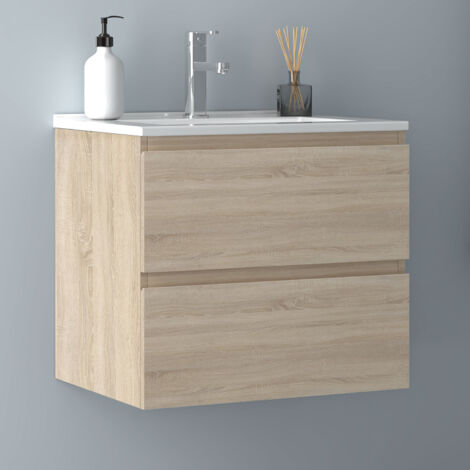 60 cm Badmöbel Set Unterschrank Badezimmer Badezimmermöbel 2 Schubladen Eiche Matt soft close Selbstmontierter Unterschrank mit keramik dünn waschtisch