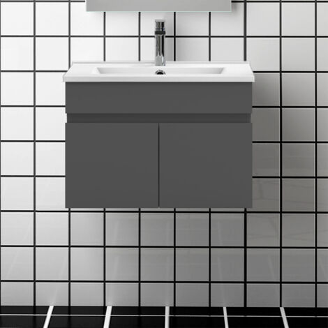 60 cm Waschtisch mit Unterschrank Soft-Close Badmöbel Set mit Waschbecken Keramik dünn Gäste WC Hochglänzend Anthrazit