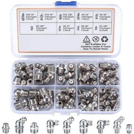 60 engrasadores roscados, surtido XU, M6, M8, M10, rectos, 45°, 90° y 180°, con estuche de plástico, para equipos mecánicos - KZQ