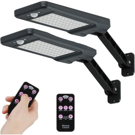 60 LED 7W Solaire IP65 Lampe de Extérieure étanche Noir avec support réglable et Télécommande,3 Modes 180° Lumières de de détecteur de mouvement Extérieur pour Jardin,Garage, Cour, Escalier,2pcs