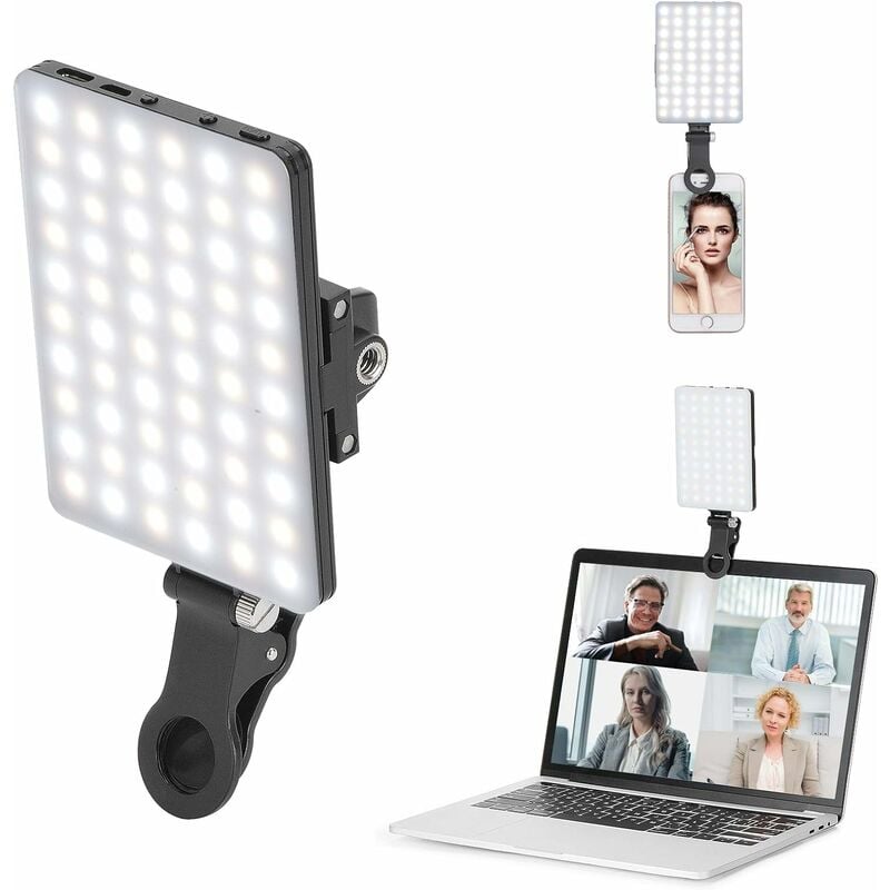 60 LED High Power Power Rechargeable Clip Rempliss Video Light avec clip avant et arrière, ajusté 3 modes lumineux pour téléphone, iPhone, Android,