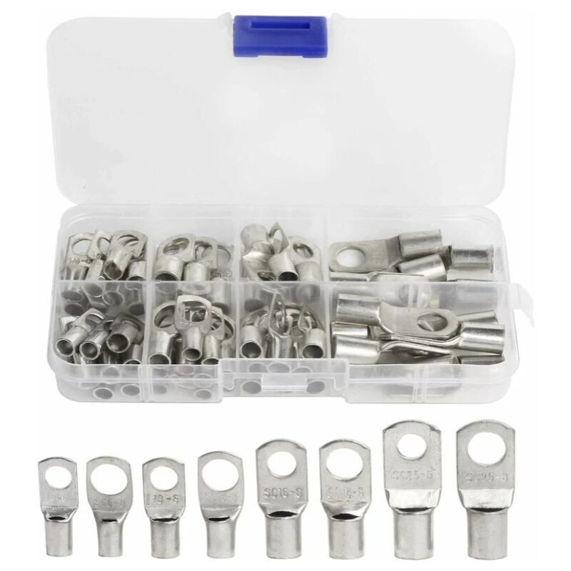 60 Pcs Cosses Électrique Trou boulon en Cuivre Étamé Connecteurs sc à sertir/souder pour câble de 6m㎡ 8m㎡ 10m㎡ 16m㎡ 25m㎡