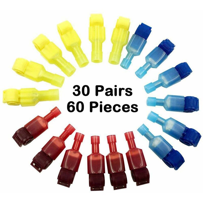 60 Pcs/30 Self-Stripping Electrical Dual t Plate Spade Connector Sets Quick Joined Line Terminal And Full Male Male Docking Crimp Kit (Yellow, Red