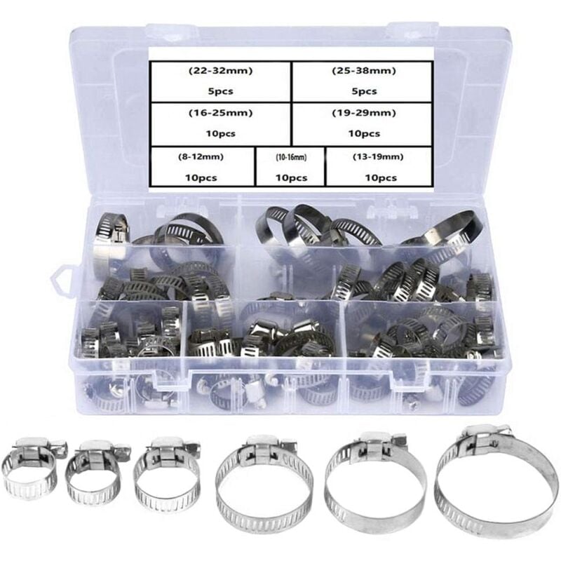 60 Pièces Colliers de Serrage 7 Tailles 8-38mm Plage Réglable en Acier Inoxydable Serre Joints à Tuyau pour Fixation Famille Tuyau d'eau