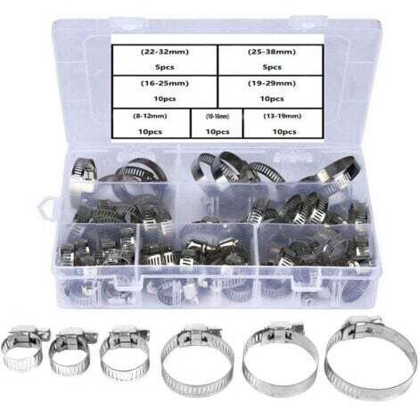 60 Pièces Colliers de Serrage 7 Tailles 8-38mm Plage Réglable en Acier Inoxydable Serre Joints à Tuyau pour Fixation Famille Tuyau d'eau