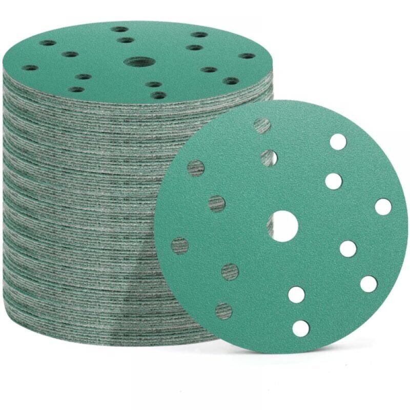 50 Pièces Disques Abrasifs 150 mm, 15 Trous, 10x Grain 60/80/120/180/400, Papier Poncage pour Ponceuse Excentrique (Vert)