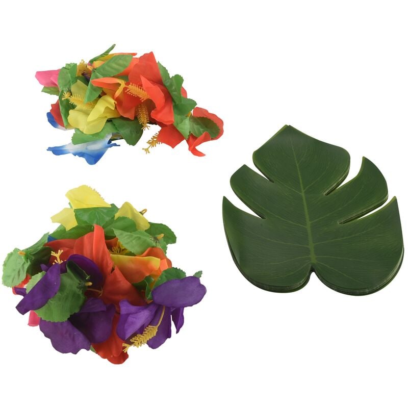 60 pieces fournitures de decoration de fete tropicale, 8 pouces feuilles de palmier tropical et des fleurs d'hibiscus, feuilles de simulation, pour