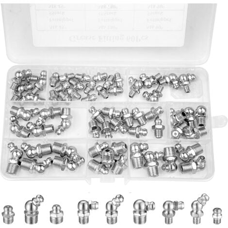 LONGZIMING 60 Pièces graisseur a visser, Assortiment Graisseur M6 M8 M10, Droit Graisse Raccord 45° 90° 180°, avec Boîte en Plastique, pour Équipement Mécanique, Embout de Graissage Fixations