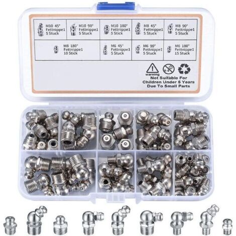 60 Pièces graisseur a Visser, Assortiment Graisseur M6 M8 M10, Droit Graisse Raccord 45° 90° 180°, avec Boîte en Plastique, pour Équipement Mécanique, Embout de Graissage Fixations
