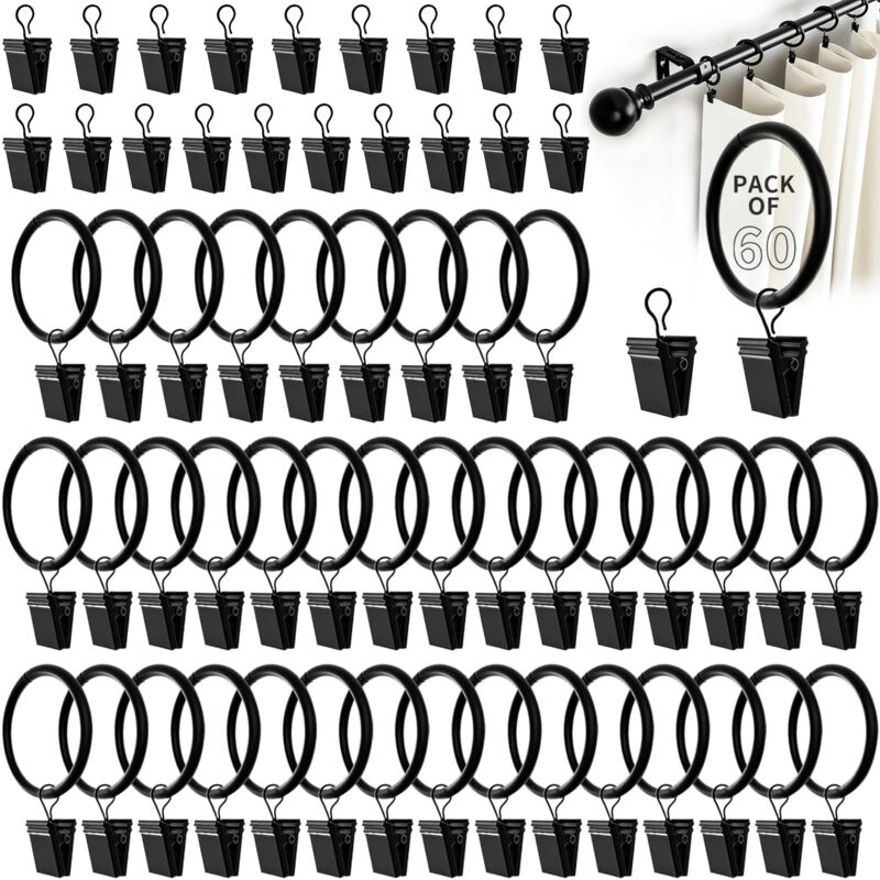 60 Pièces Pince Rideaux Noir, Anneaux Rideaux avec Pince Acier Inoxydable Accroche Rideau Anneaux à Pince pour Rideau Douche, Photo, Rideaux,