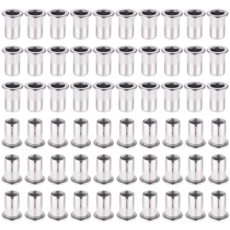 60 piezas de tuercas remachables de cabeza plana M6 de acero inoxidable 304, tuercas remachables roscadas para alicates de inserción roscada.