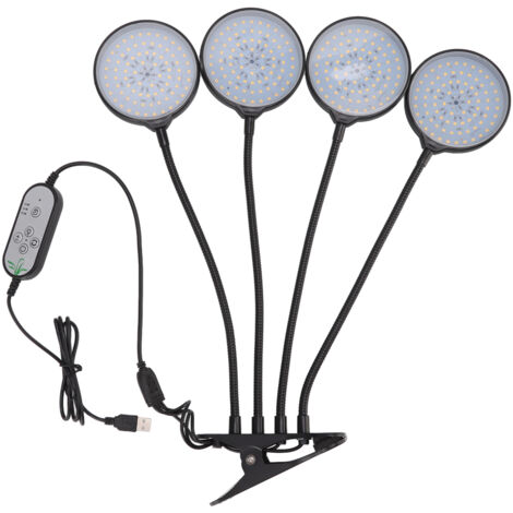 60-W-LED-Pflanzenlampe mit 4 Köpfen, USB-Anschluss, 5 einstellbaren Helligkeitsstufen, für Zimmerpflanzen, zum Anklemmen