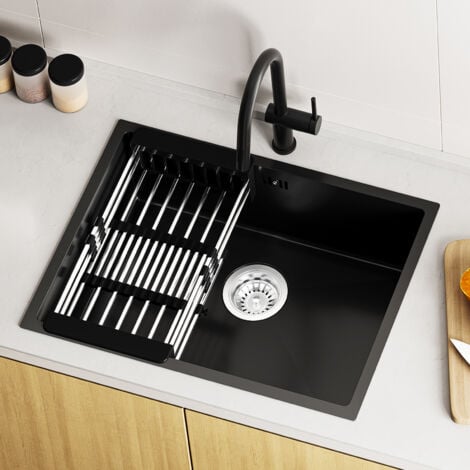 AURALUM MAX 60 x 44 CM Fregadero de cocina de acero inoxidable, fregadero de cocina para muebles bajos a partir de 65 cm, fregadero de acero inoxidable, incl. escurridor, antracita