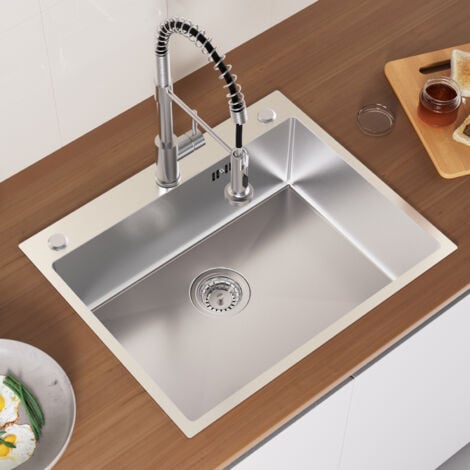 AURALUM MAX 60 x 49 CM Fregadero de acero inoxidable, fregadero empotrado de cocina con sifón/manguera de desagüe, orificio de rebosadero