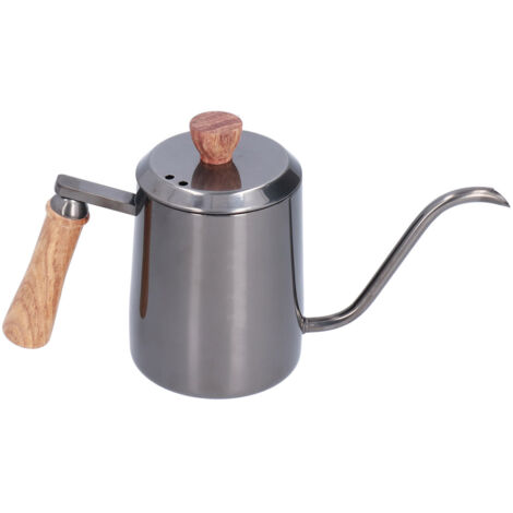 600 ml manueller Edelstahl-Kaffeekessel, langer, dünner Ausguss, Holzgriff, graue Farbe