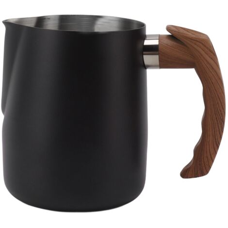 600 ml Milchkännchen aus Edelstahl (304) mit tropffreiem Ausgießer und ergonomischem, mattschwarzem Griff, ideal zum Aufschäumen von Milch und für Kaffee.
