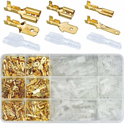 600 Pcs Cosses à Sertir en Laiton, 2.8/4.8/6.3mm Cosse Electrique avec Isolation Manche Mâle Femelle Spade Connecteurs de Fils Crimp Terminal pour Automobile Bateau Moto Voiture