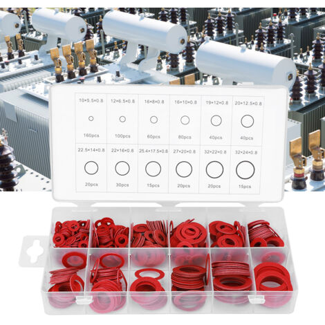 600 pièces Joints en Fibre Vulcanisée Rouge Rond Isolant Papier Acier Assortiment Kit Rouge