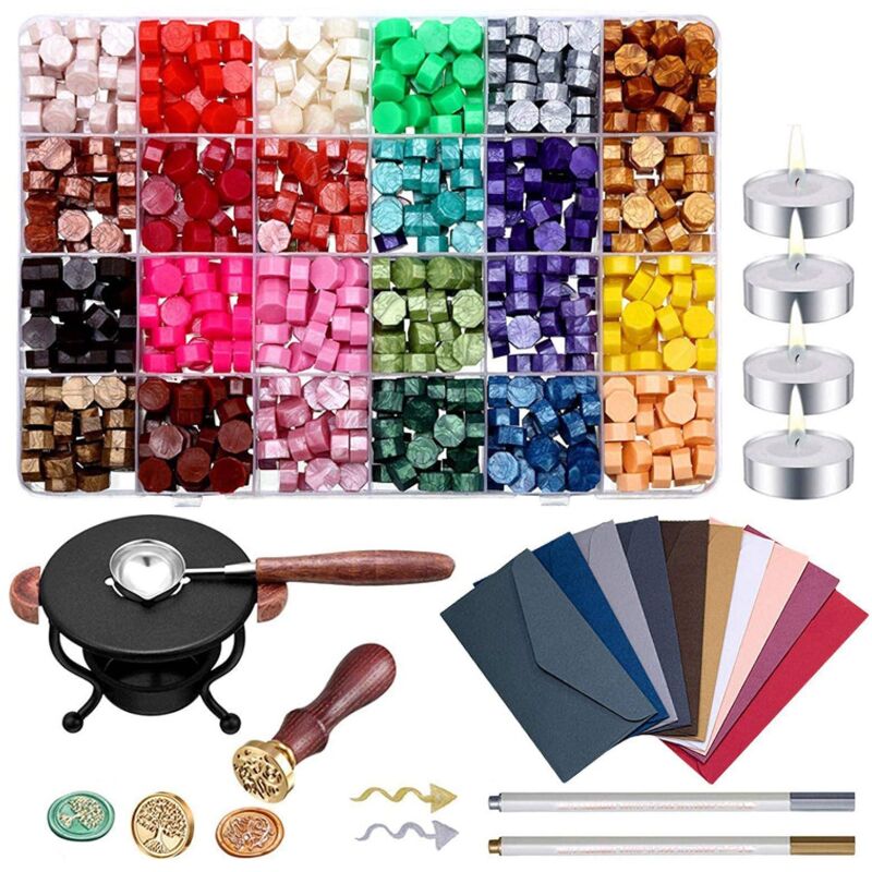 600 Pieces Wax Seal Kit, Complete Wax Seal Kit with Wax Seal Heater, Vintage Adhesive Waxes for Letter, Greeting Cards, Antique Manuscripts, Wedding