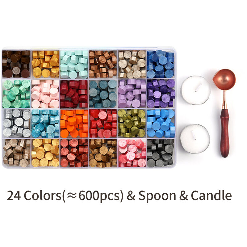 

600 piezas Kit de perlas de cera para sellar Perlas de cera de colores con caja de almacenamiento 1 cuchara con mango de madera para fundir cera y 2