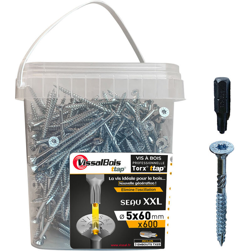 600 vis à bois TTAP 5x60mm filetage asymétrique zingué - Vissal