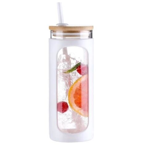 600ml Bouteille d'Eau avec Couvercle, Verre avec Paille, Gobelet d'Eau avec Manchon en Silicone pour Boisson, Café, Soda - Blanc