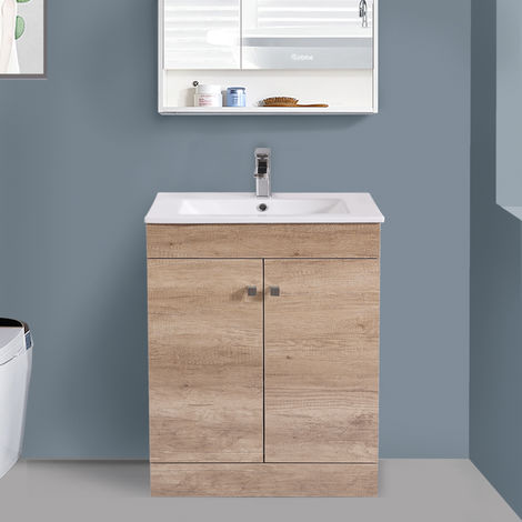 main image of "600mm 2 Door Oak Effect Wash Basin Cabinet Vanity Sink Unit Bathroom Furniture"
