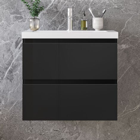 AICA SANITAIRE Anthracite Glossy Vanity UnitгмWall MountedгмDetachableгмSoft CloseгмTwo-Drawer + Large Size Write Thin Ceramic Basin