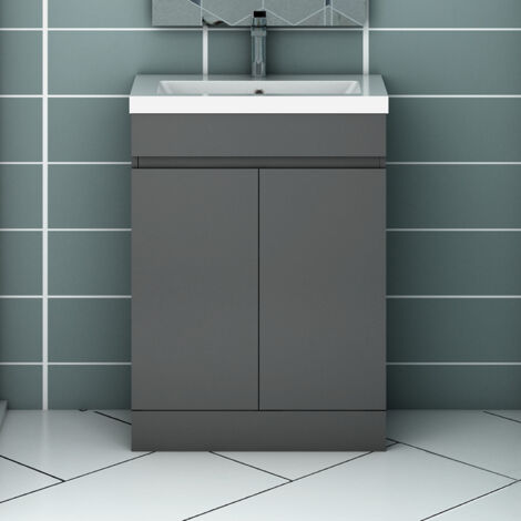600MM Anthracite High gloss MDF Vanity unit, Soft closing, Disassembly, Double door, Freestanding + 101A Thick White Large size Ceramic basin