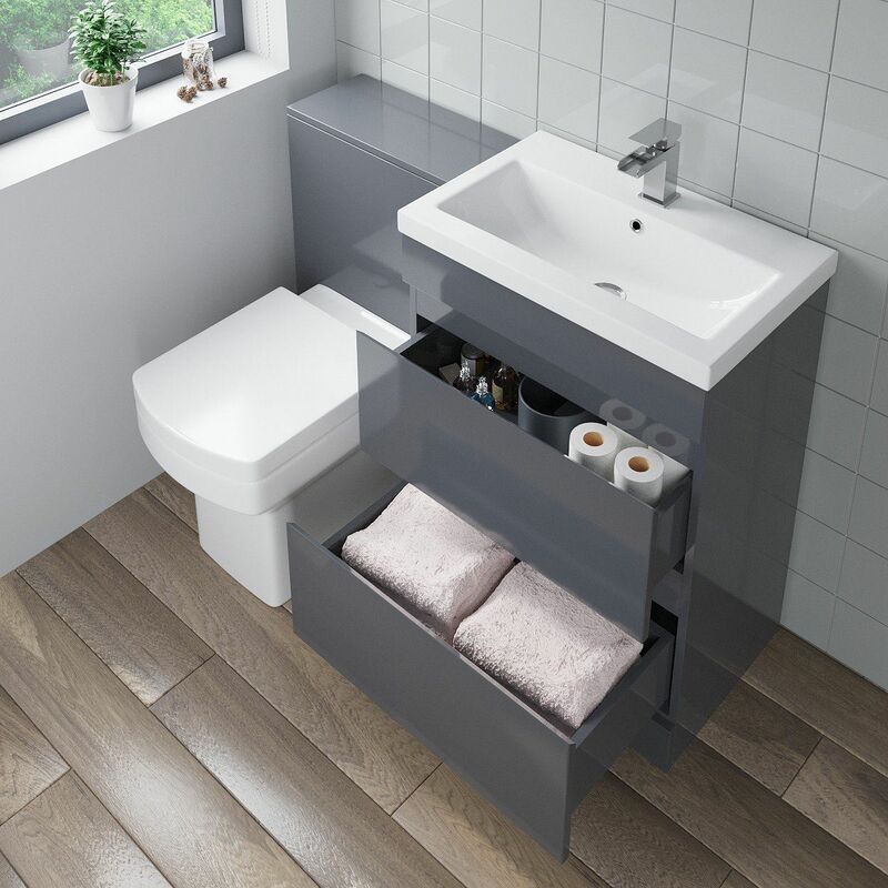 Aurora - 600mm Bathroom Drawer Vanity Unit Basin Toilet Modern Soft Close Seat Gloss Grey
