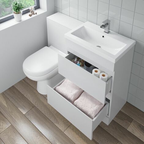 600mm Bathroom Drawer Vanity Unit Basin Toilet Soft Close Seat WC Gloss White - White
