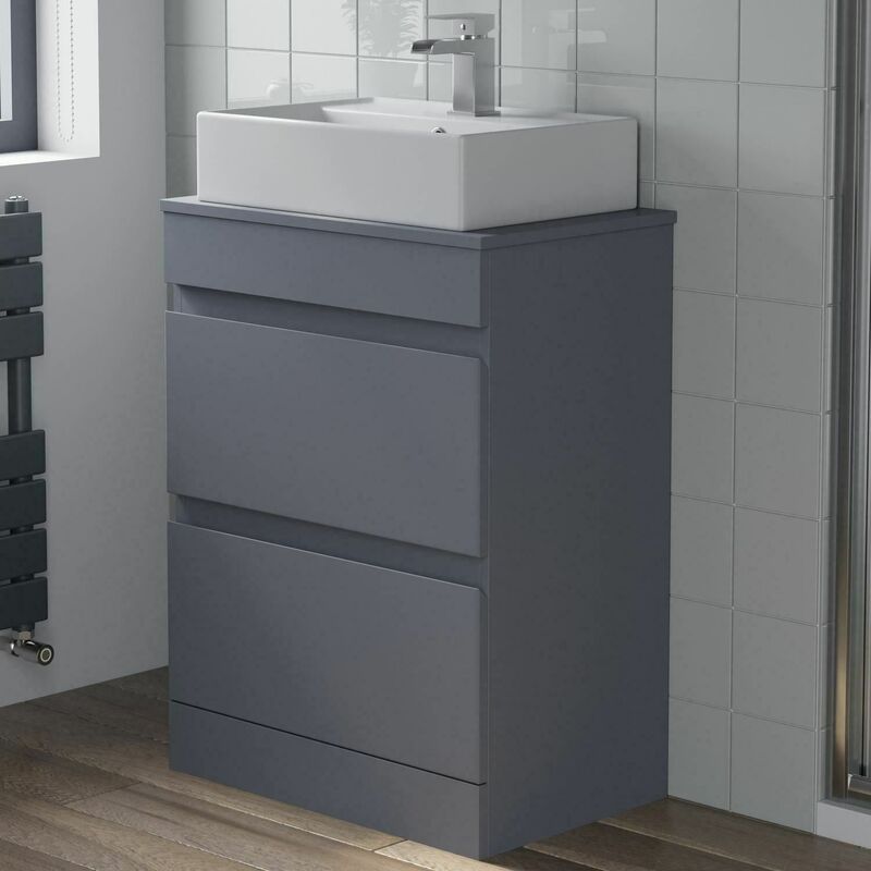 Bathroom Grey Gloss Vanity Unit Countertop Wash Basin 600mm with 505mm Rectangular Basin