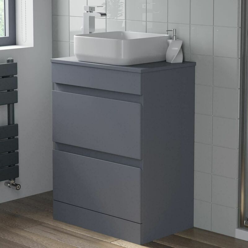 Bathroom Grey Gloss Vanity Unit Countertop Wash Basin 600mm with 365mm Square Basin