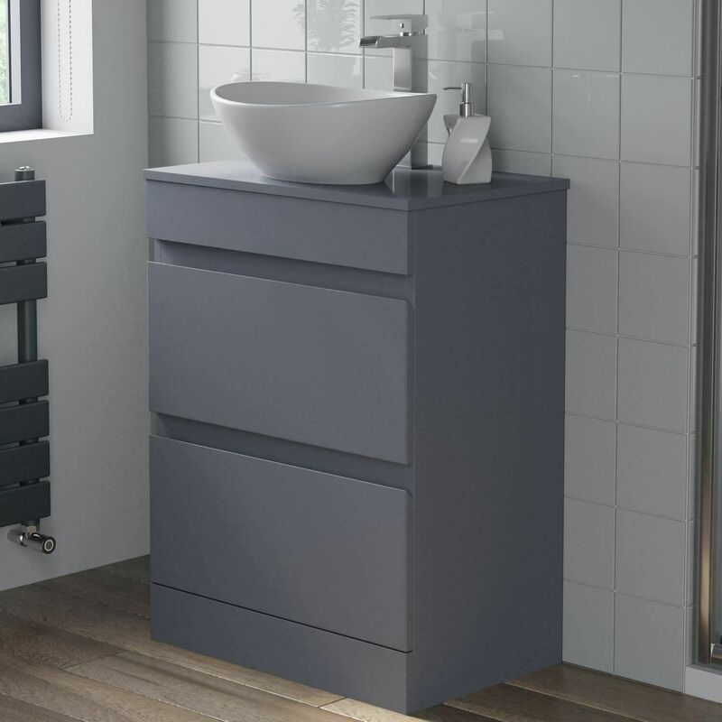 Bathroom Grey Gloss Vanity Unit Countertop Wash Basin 600mm with 410mm Oval Basin