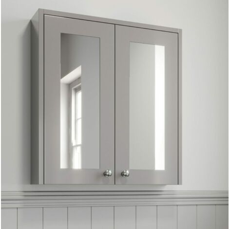 600mm Bathroom Mirror Cabinet 2 Door Wall Hung Grey Traditional - Grey