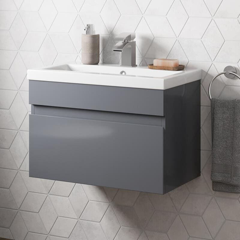 Grey Gloss Bathroom Furniture Vanity Unit with Basin Sink Cabinet Storage 600mm Drawer Wall Hung