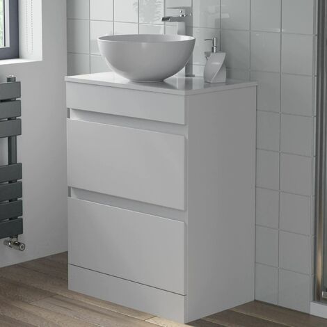 main image of "600mm Bathroom Vanity Unit Countertop Round Basin Floor Standing Gloss White"