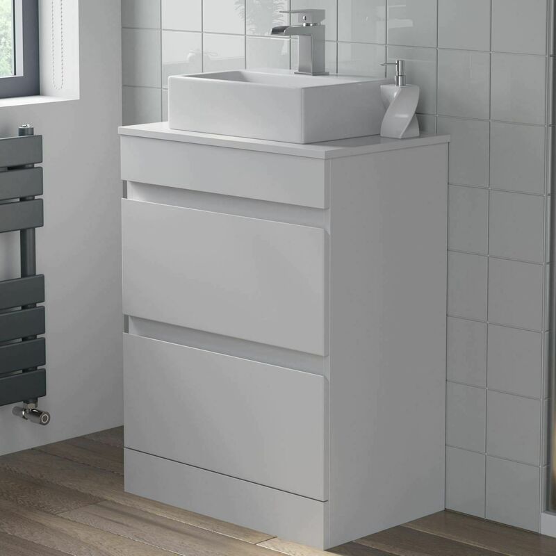 Countertop Vanity Unit & Basin Floor Standing Bathroom Furniture Drawer White Gloss 600mm with 400mm Rectangular Basin