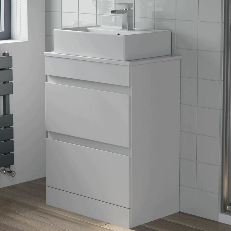 Countertop Vanity Unit & Basin Floor Standing Bathroom Furniture Drawer White Gloss 600mm with 505mm Rectangular Basin