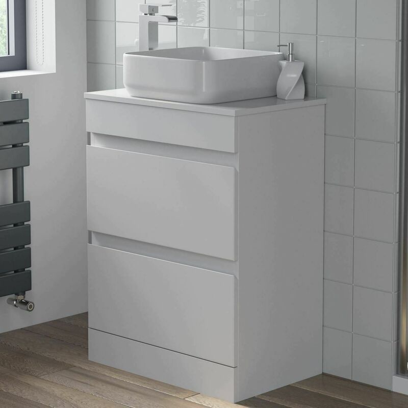 Countertop Vanity Unit & Basin Floor Standing Bathroom Furniture Drawer White Gloss 600mm with 365mm Square Basin