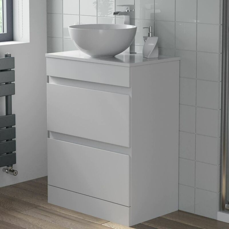 Countertop Vanity Unit & Basin Floor Standing Bathroom Furniture Drawer White Gloss 600mm with 360mm Round Basin