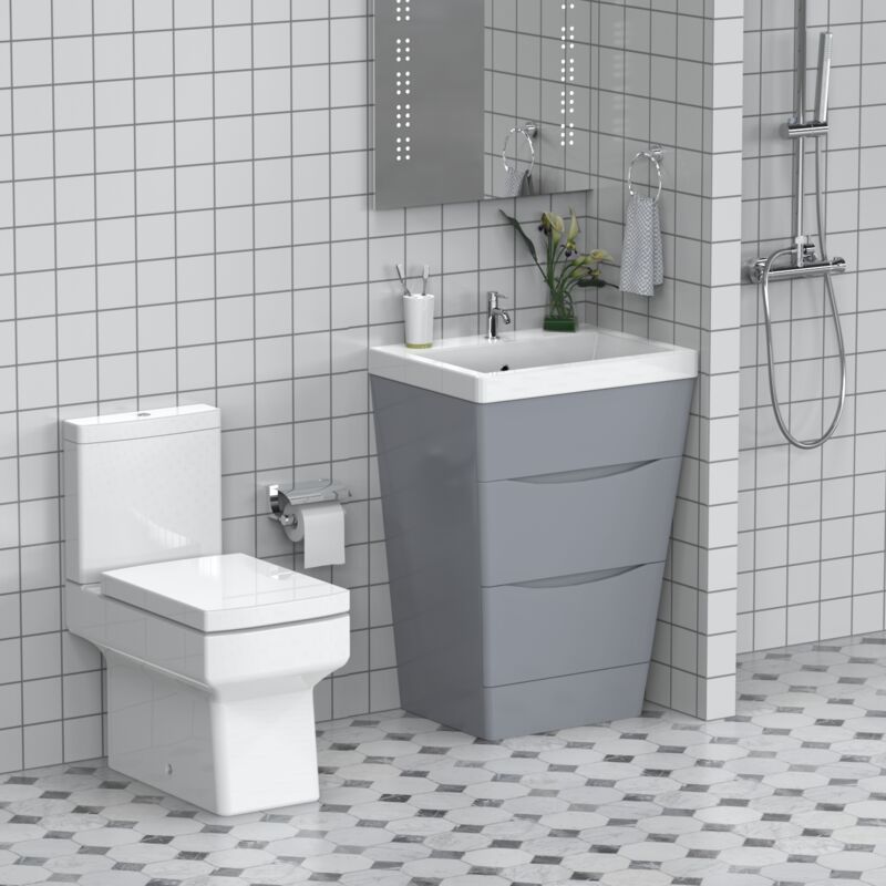 600mm Bathroom Vanity Unit Floor Standing Storage Cabinet Gloss Grey with Close Coupled Toilet WC Pan