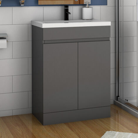 600mm Bathroom Vanity Unit With Wash Basin Ceramic Sink, 2 Double Door, High Gloss Grey, Cloakroom Storage Furniture Under Basin Cabinet, Floorstanding Cabinets