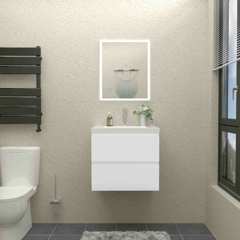 600mm Bathroom Wall Mounted Vanity Unit Sink Cabinet, 2 Soft Drawers - White