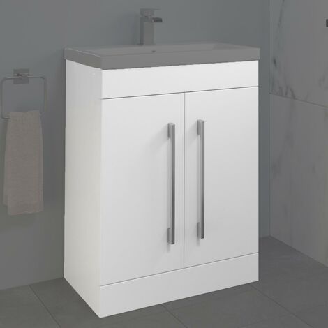 600mm Free Standing Vanity Unit White Gloss Soft Close Doors Flat Pack Bathroom