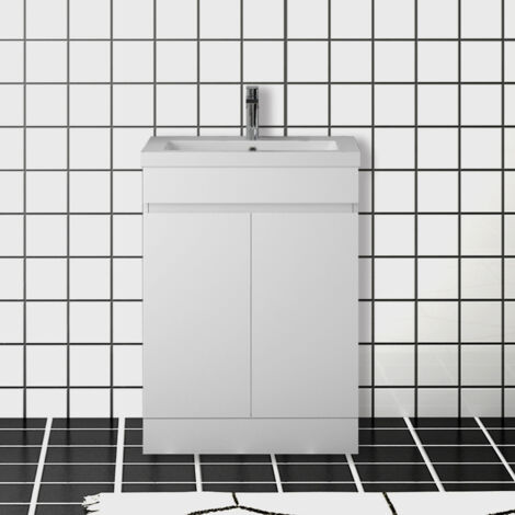 600mm Vanity Unit with Basin Floor Standing High Gloss White Storage Cabinet 2 Doors