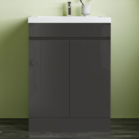 600mm Vanity Unit with Ceramic Basin Floor Standing High Gloss Anthracite Storage Cabinet 2 Doors